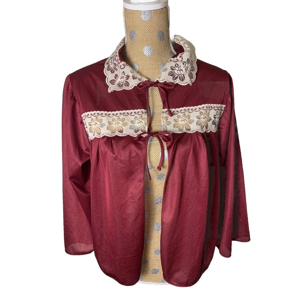 Vtg Sears Womens House Blouse Robe Small Front Tie Lace Retro Cottage Made USA
